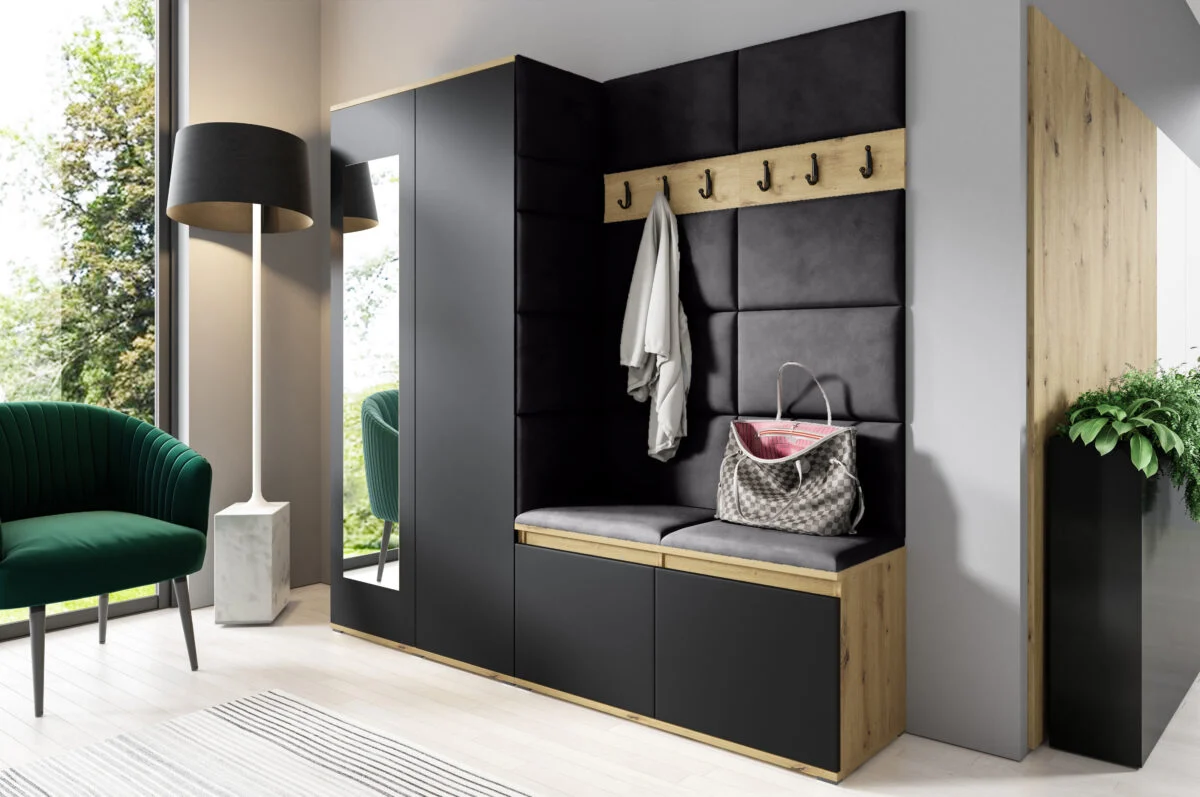 MIRA 8-as kárpitozott előszobafal, sötét színekben